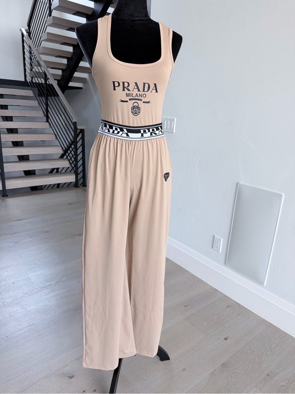 Prada Milano Beige Tank Top with Wide Leg Pants with pockets size M